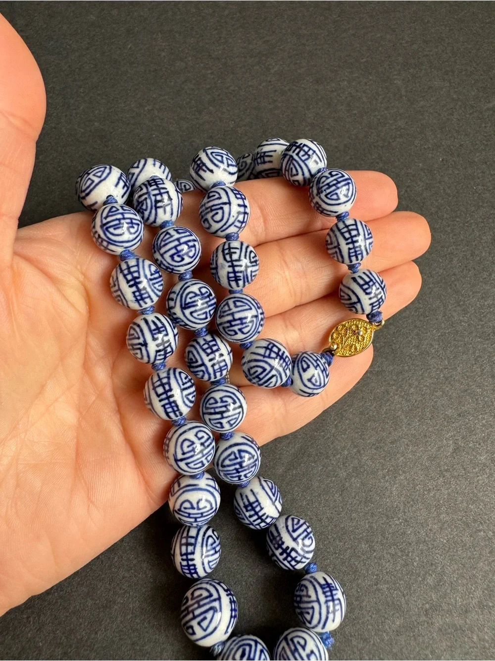 Vintage Chinese Shou Bead Necklace Blue White Porcelain Beaded Longevity 24